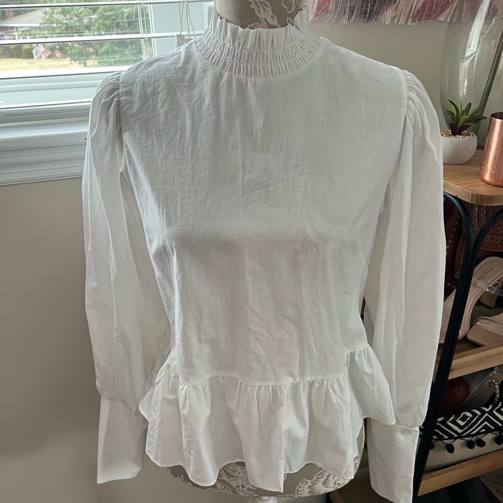 White high neck button down back blouse